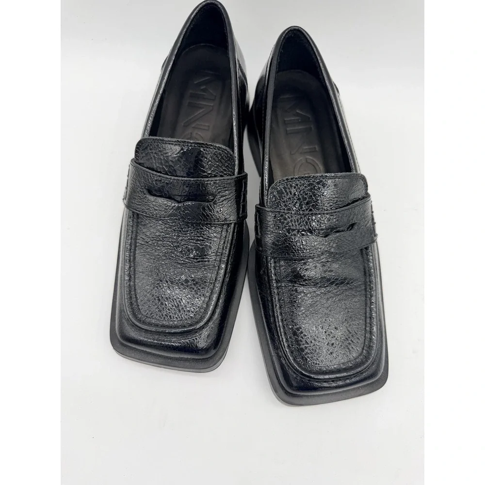 MNG Shoes Womens Size 7.5 Black Leather Loafers Square Toe Slip On Flats
